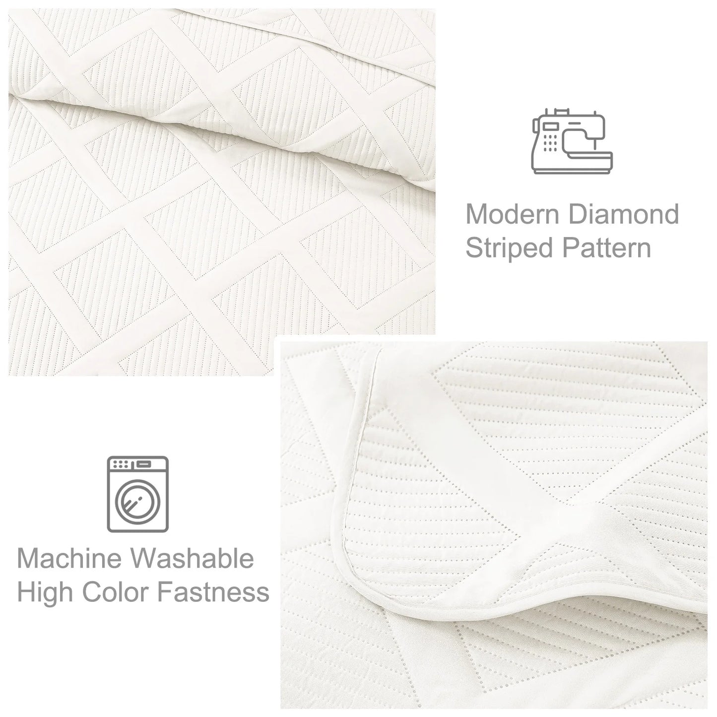 Ultrasonic King Quilt Set, 3-Piece Lightweight Bedspreads Modern Striped Coverlet, White