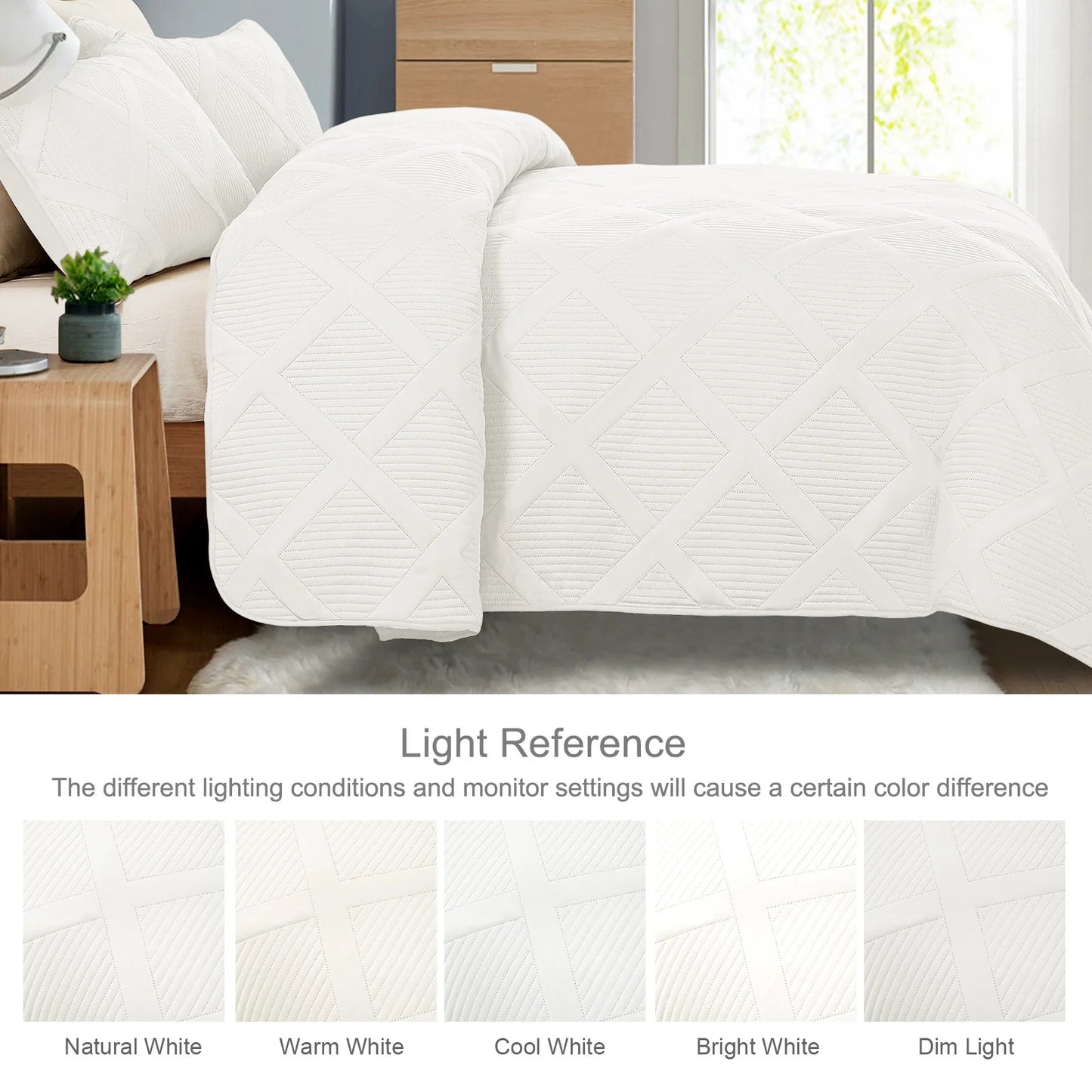 Ultrasonic King Quilt Set, 3-Piece Lightweight Bedspreads Modern Striped Coverlet, White