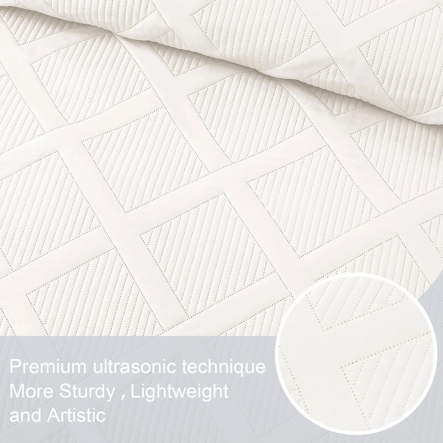 Ultrasonic King Quilt Set, 3-Piece Lightweight Bedspreads Modern Striped Coverlet, White