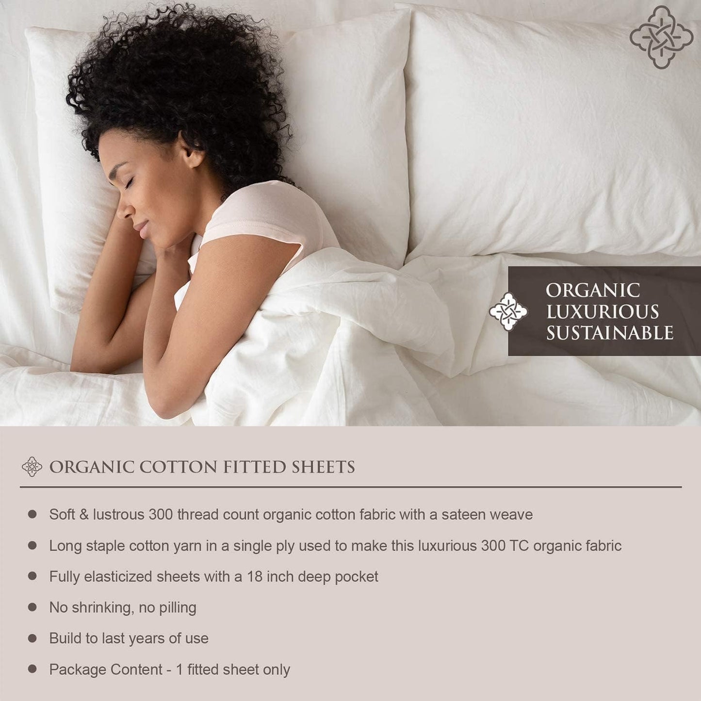 100% Organic Cotton 1 Fitted Sheet Queen Size Only | 300 Thread Count Sateen Weave GOTS Certified with Deep Pocket - Basil